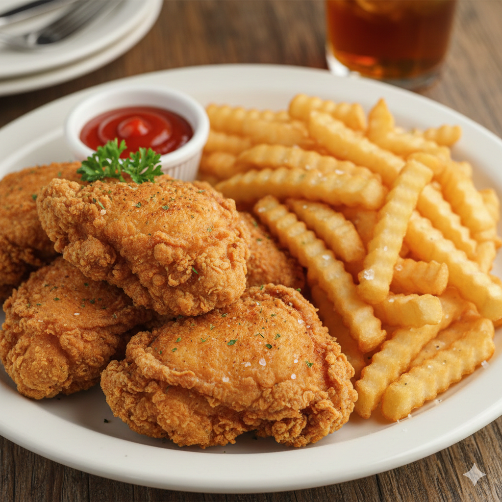 Pollo frito con papas fritas